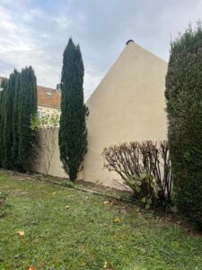 Jardin avec murs et haies taillés.