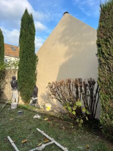 Peinture de façade, arbres et ciel bleu.
